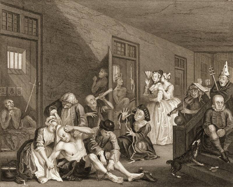 یک حکاکی صحنه ای را در بدلام، اولین پناهگاه در انگلستان که در سال 1247 تأسیس شد، به تصویر می کشد.